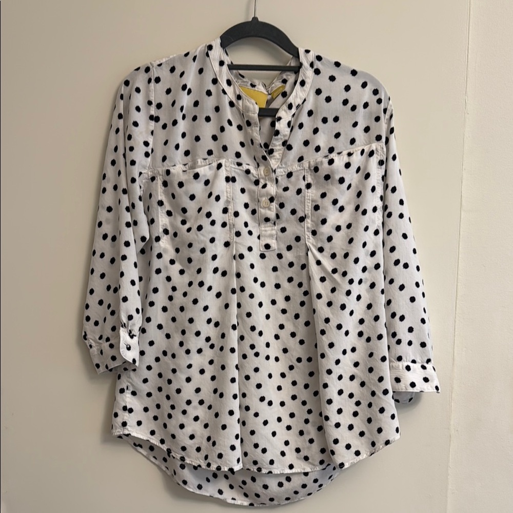 Maeve White and Black Button Down Shirt with Mandarin Collar